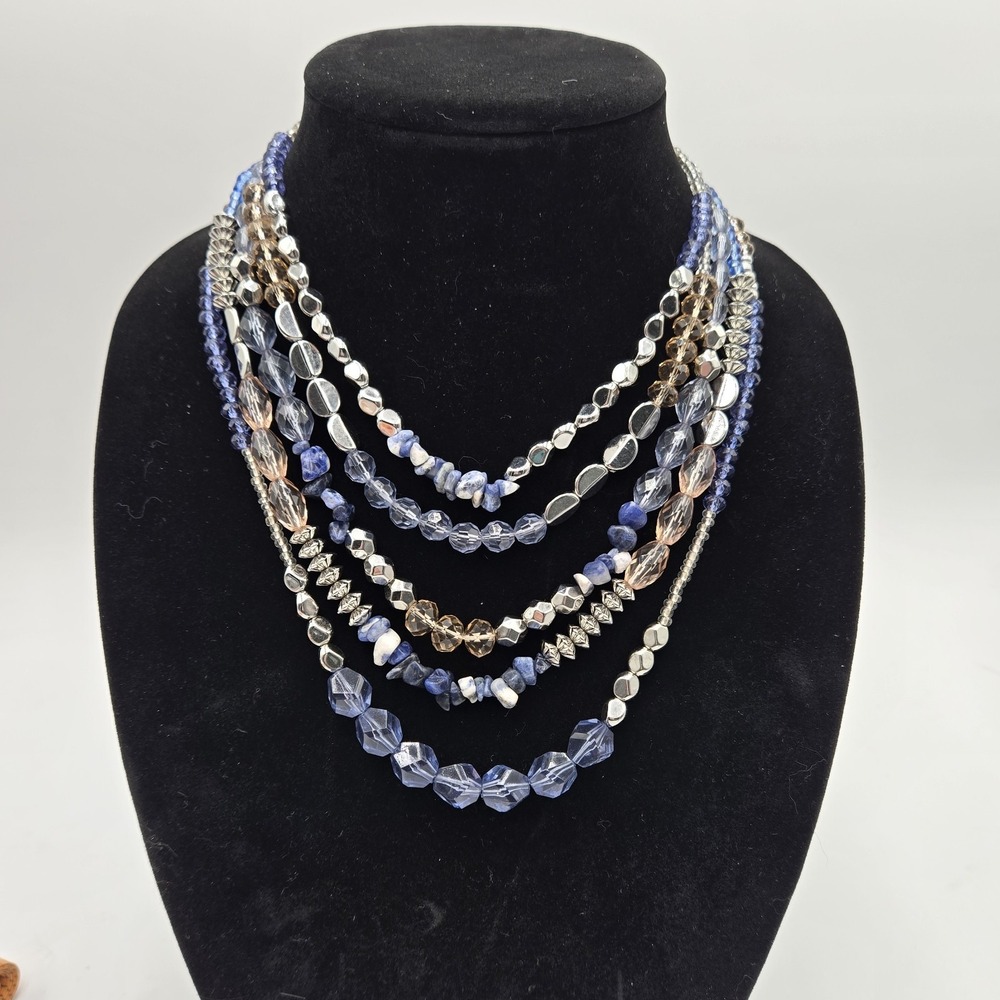 Layered Blue Silver-tone Clear Pale Peach Beaded Chunky Boho Adjustable Necklace - Picture 3 of 12